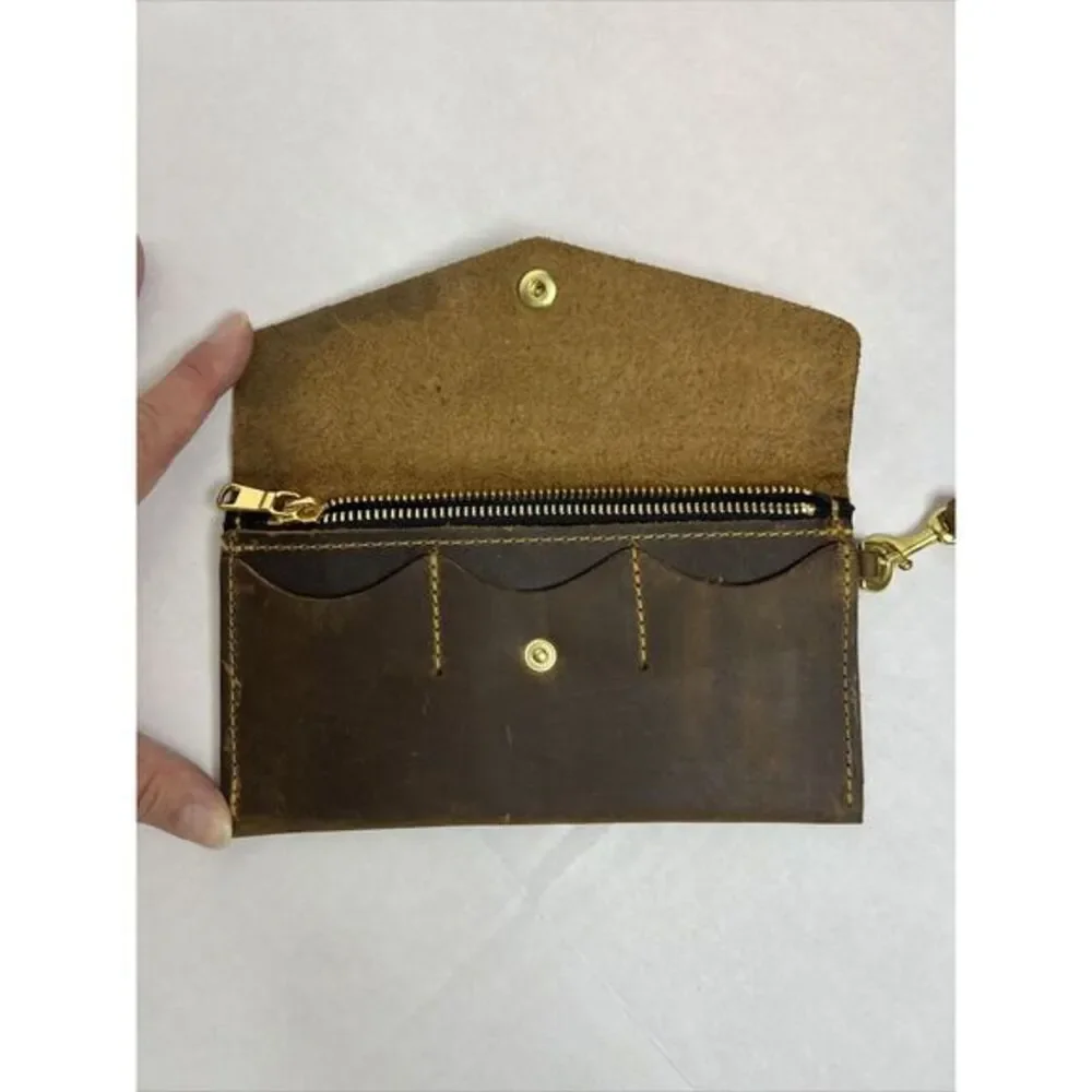 San Tan Leather Brown Wristlet Wallet Brown Gold Zipper‎ & Hardware - Unbranded
